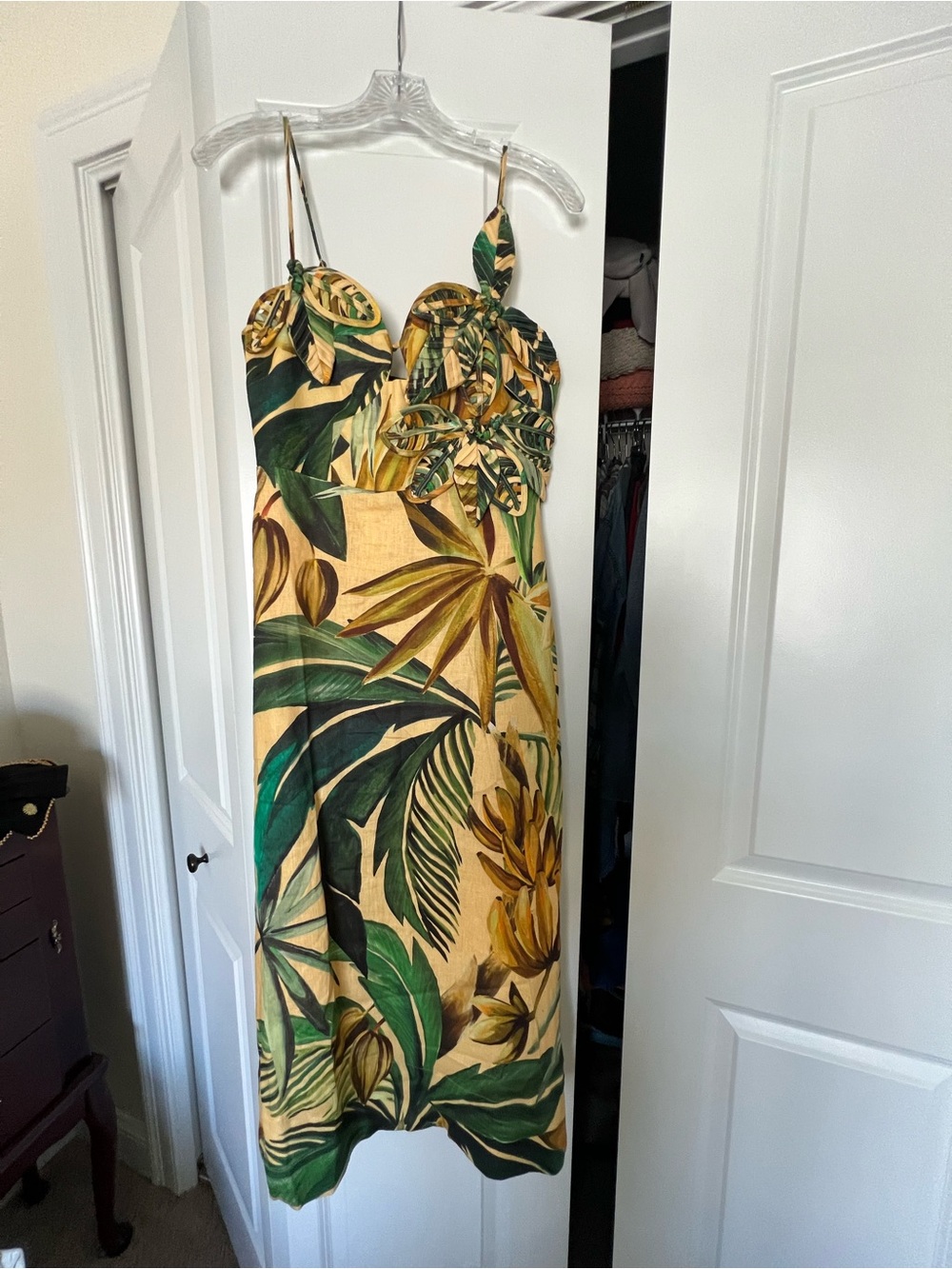 Farm Rio Tropical Leaf Print Sundress in Green and Yellow.